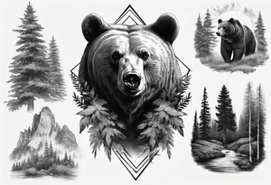 Photorealism bear and forrest sleeve tattoo idea