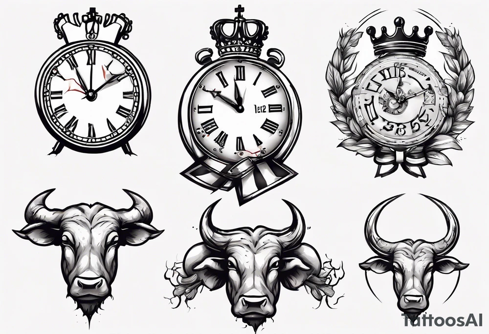 Ballon de foot avec le numéro23,  une horloge avec une couronne,  le tout avec au fond un taureau tattoo idea