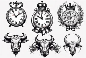 Ballon de foot avec le numéro23,  une horloge avec une couronne,  le tout avec au fond un taureau tattoo idea