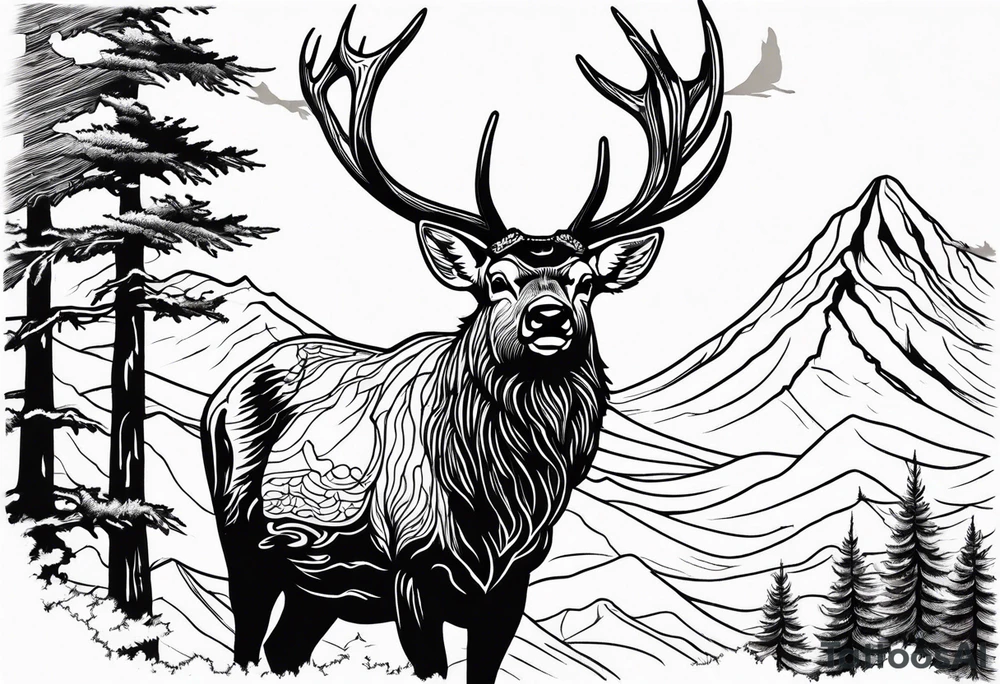 Elk water mountains rifle hunting trees birds deer bear tattoo idea