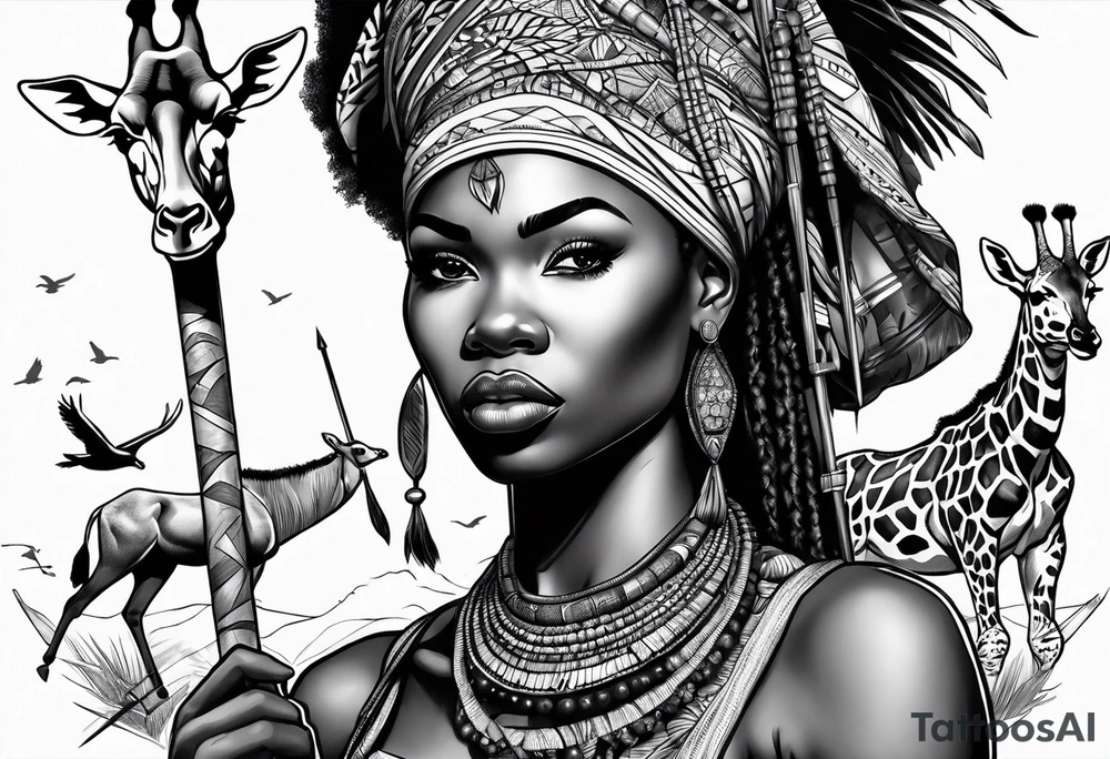 African woman warrior holding a spear with birds and giraffe in the background tattoo idea