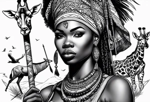African woman warrior holding a spear with birds and giraffe in the background tattoo idea