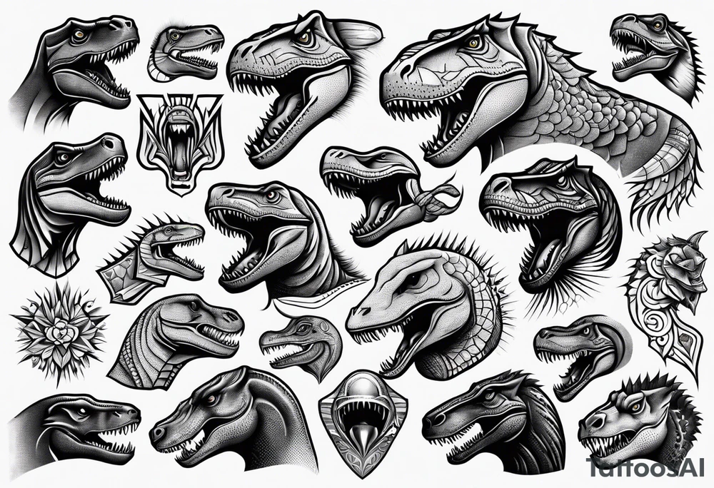 Variety of trex faces traditional style flash sheet tattoo idea