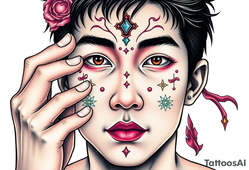 Handsome Asian young guy is putting ritual symbols on his face tattoo idea