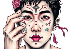 Handsome Asian young guy is putting ritual symbols on his face tattoo idea