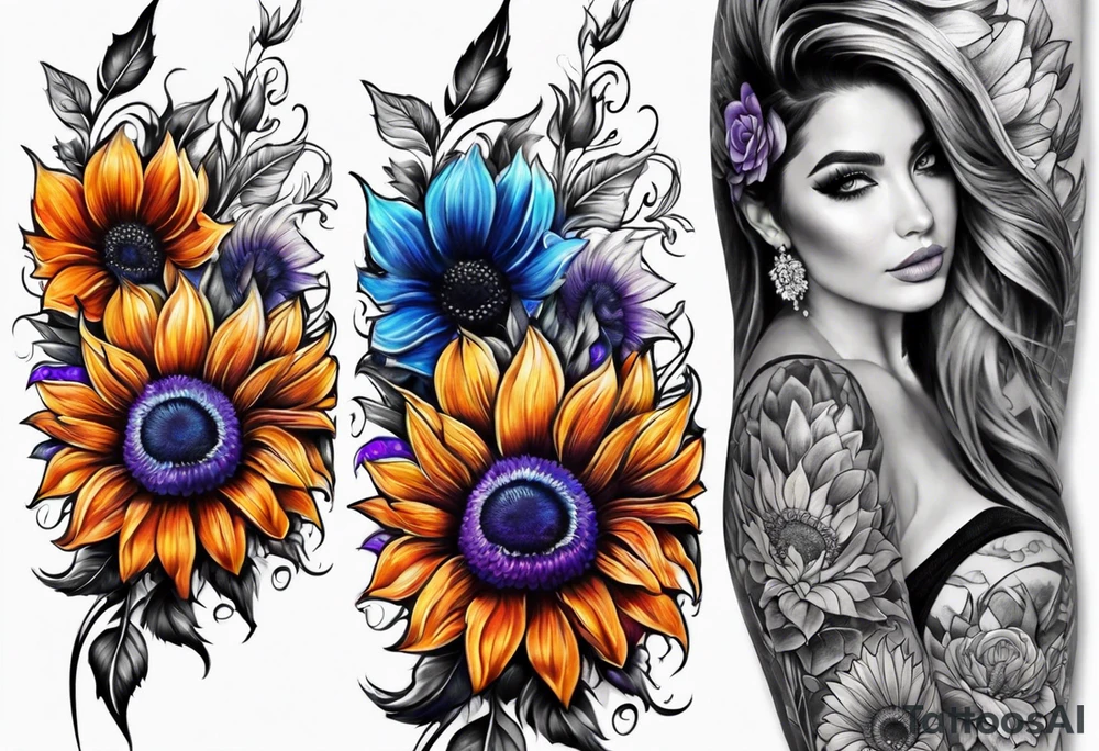 Full leg sleeve with purple, orange and blue sunflowers tattoo idea