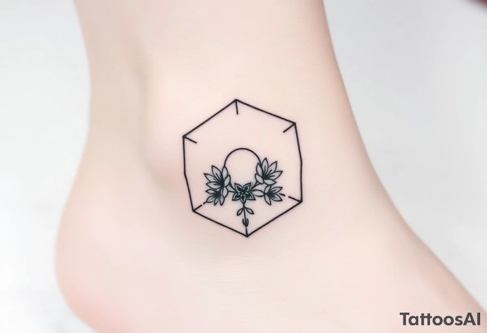 Hexagon with a constellation sign for Leo, larkspur and water lilies in the center tattoo idea
