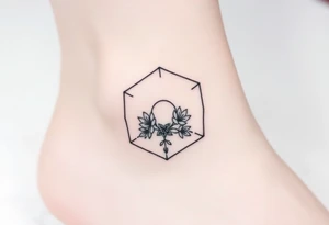 Hexagon with a constellation sign for Leo,  larkspur and water lilies in the center tattoo idea