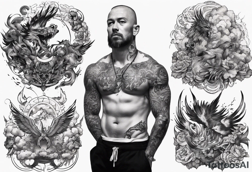 a chest tattoo starting at the left pec going onto the shoulder and bicep.  lots of black tattoo idea