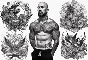 a chest tattoo starting at the left pec going onto the shoulder and bicep.  lots of black tattoo idea
