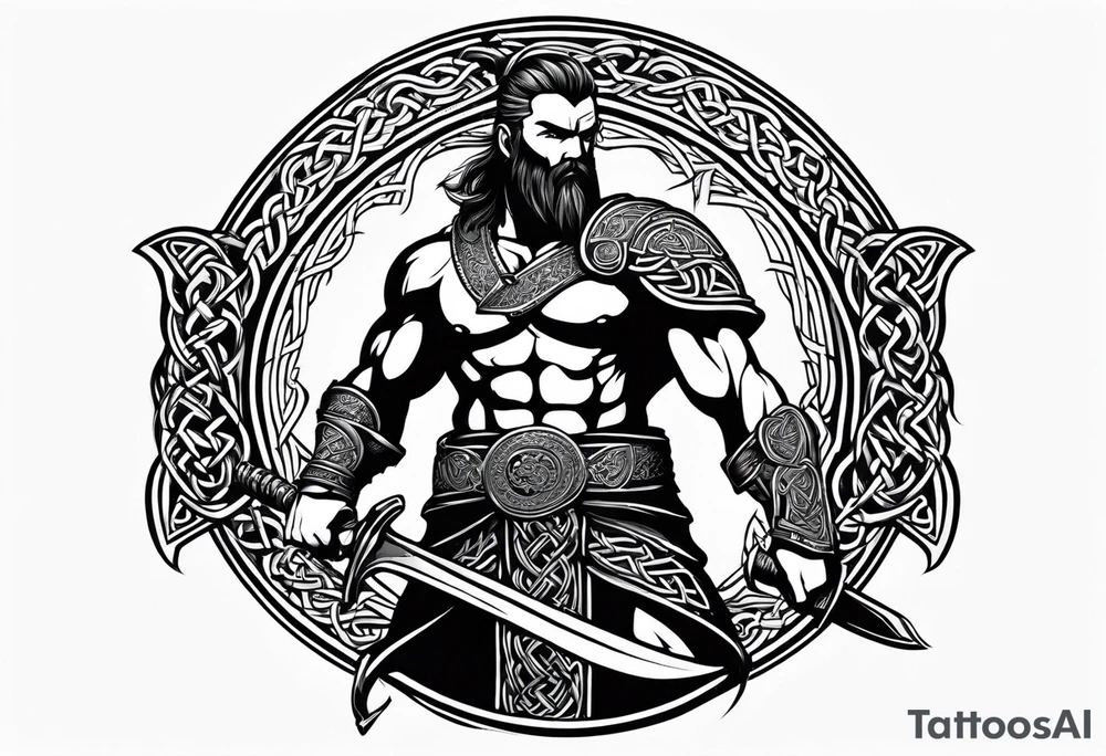 Side full body shot of Celtic warrior with sword and axe. tattoo idea