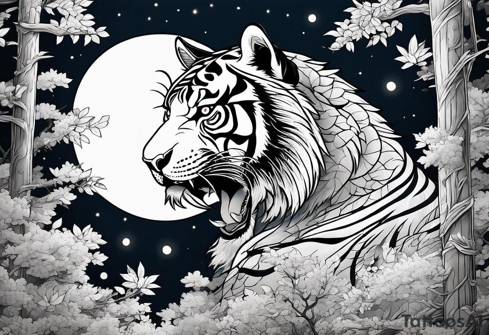 Flying tiger underneath a full moon in a forest tattoo idea