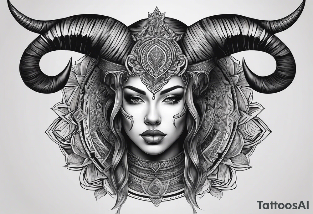 symmetrical woman head with curved horns facing downwards dark realism looking front facing view, ultra-detailed, high quality, high sharpness, hyper-realism, hyper-photorealistic, hyper-realistic tattoo idea