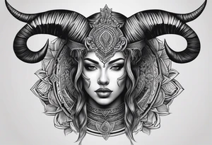 symmetrical woman head with curved horns facing downwards dark realism looking front facing view, ultra-detailed, high quality, high sharpness, hyper-realism, hyper-photorealistic, hyper-realistic tattoo idea