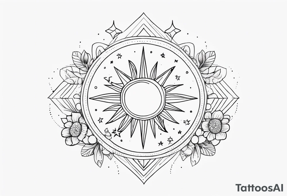 fine line with sun, stars, floral, dots. Sternum tattoo tattoo idea