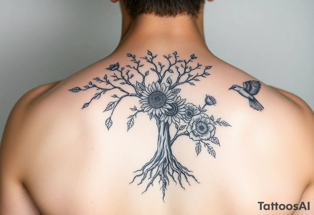 Tree with roots, sunflower, rose, and bird tattoo idea