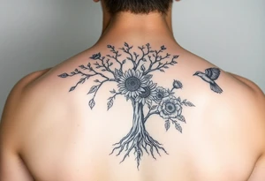 Tree with roots, sunflower, rose, and bird tattoo idea