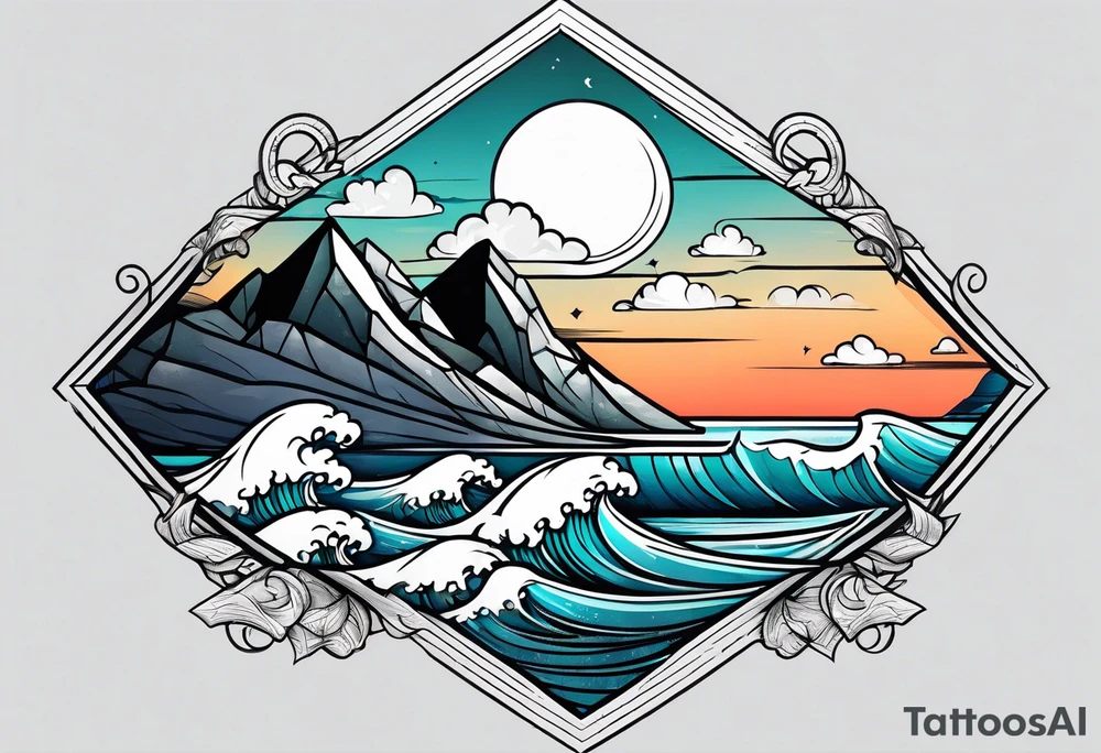 Mountains and big ocean waves  crashing diamond shape half and half tattoo idea
