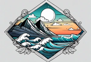 Mountains and big ocean waves  crashing diamond shape half and half tattoo idea