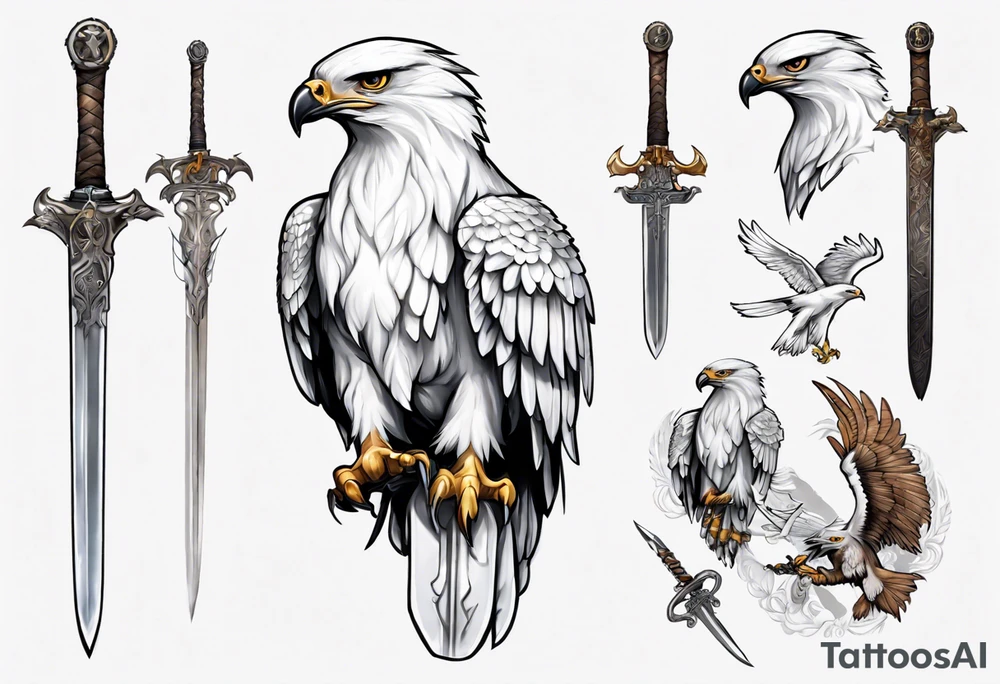 A white hawk holding a sword tattoo idea