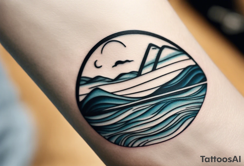 The tattoo starts at the wrist with a simple, clean line that represents the shoreline. Above this line, there are serene, rolling waves depicted in a minimalistic style—smooth curves that capture the essence of the ocean.

Moving upward, the waves gradually transition into a set of geometric mountains. These mountains are outlined with clean, straight lines, creating a sharp yet simple silhouette against the canvas of your forearm. The peaks of the mountains form a subtle V shape, symbolizing strength and resilience.

Above the mountains, a small, circular sun completes the design. The sun is composed of bold, yet uncomplicated lines, radiating simplicity and warmth. The circular shape of the sun adds balance to the overall composition, creating a harmonious blend with the waves and mountains. tattoo idea
