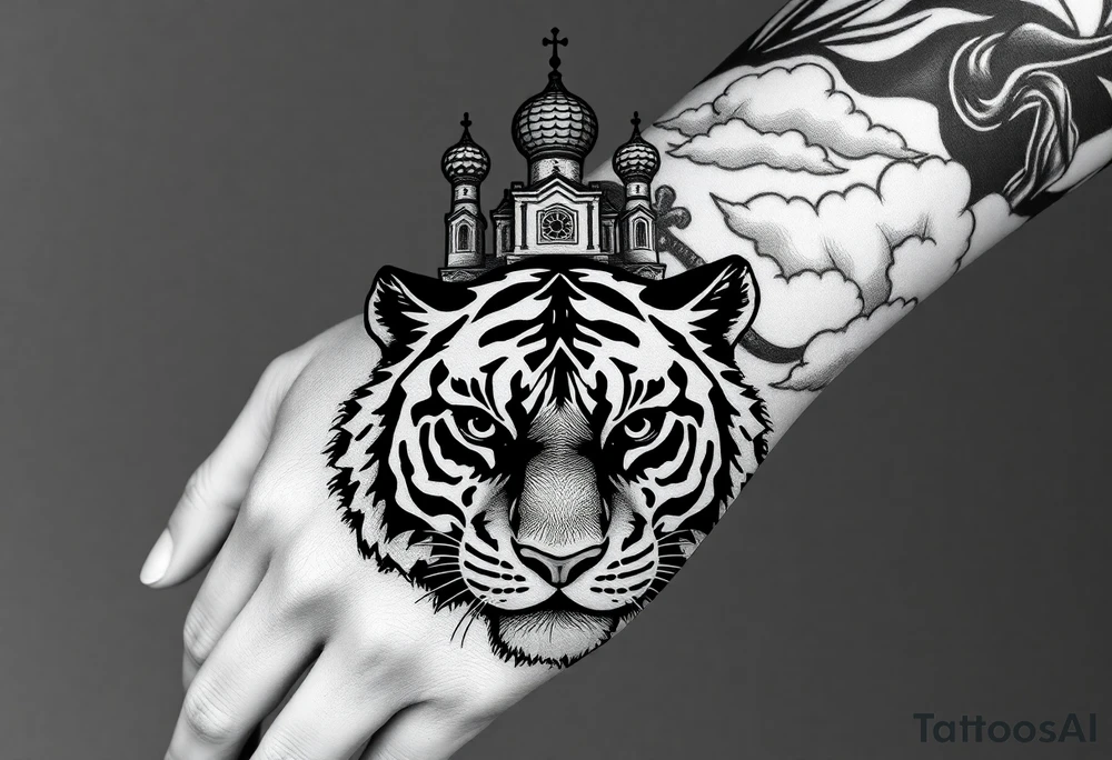 Realistic tiger face on the back of the hand with its eyes ALL black sitting beneath a Russian Orthodox cathedral sitting above on the top fore arm with onion domes and orthodox crosses. with clouds above and a virgin mary tattoo idea