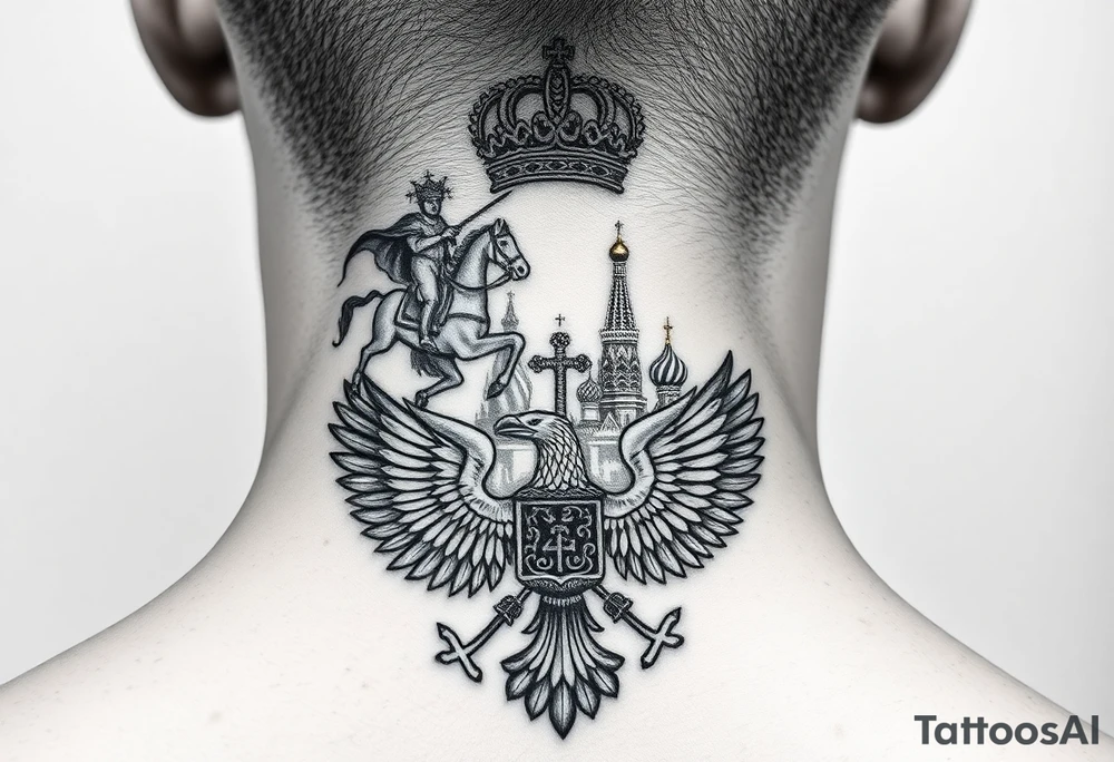 St. George slaying the dragon (hugely common in Russian Orthodox art)
Russian imperial crown above the eagle
Crossed swords or a Russian sabre
The Kremlin or St. Basil's Cathedral scene tattoo idea
