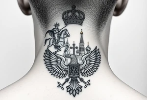 St. George slaying the dragon (hugely common in Russian Orthodox art)
Russian imperial crown above the eagle
Crossed swords or a Russian sabre
The Kremlin or St. Basil's Cathedral scene tattoo idea