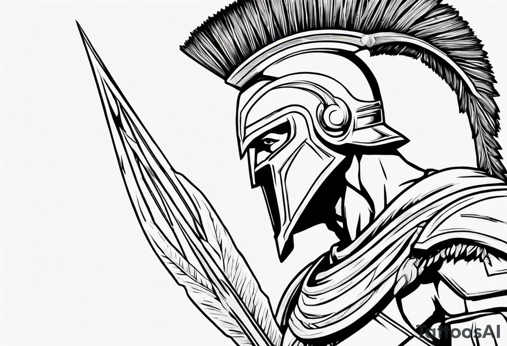 rectangular landscape format ultra-fine line linework vector of a spartan from the side, spartan spear, spartan shield, laurel wreath tattoo idea
