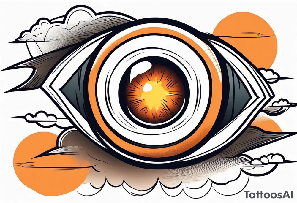 American traditional simple eyeball in dark stormy clouds with orange lightning coming from the clouds tattoo idea