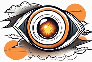 American traditional simple eyeball in dark stormy clouds with orange lightning coming from the clouds tattoo idea