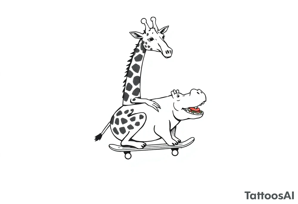 Majestic giraffe riding a skateboard and eating a hippo sandwich tattoo idea