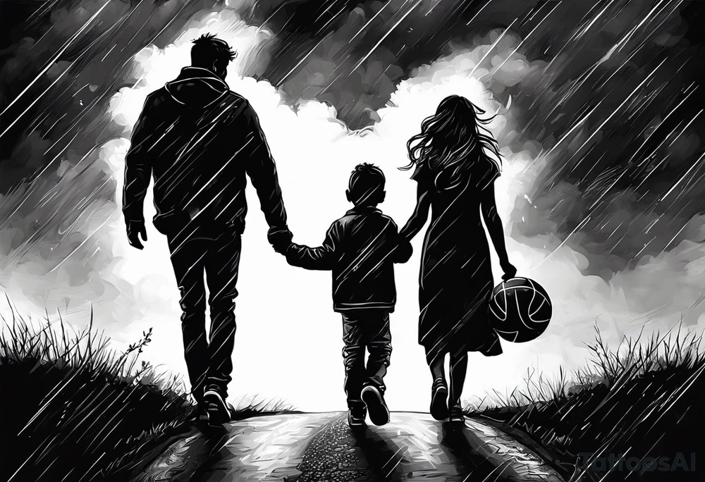 the following text: Come take my hand
We walk this road together 
through the storm
Whatever weather 
cold or warm
you're not alone
we're on the same road

plus a father and son picture with a football walking on a way 

plus a baby hand hold by an adult hand tattoo idea