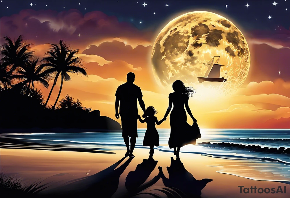 Create a stunning image of a realistic tattoo design that features a husband and wife holding hands, accompanied by their two children, walking along a beautiful beach. The moon shines radiantly in the night sky, illuminating the serene scene. Let your creativity flourish as you envision the intricate details that bring this tattoo to life, encapsulating the essence of love, family, and the awe-inspiring beauty of nature. tattoo idea