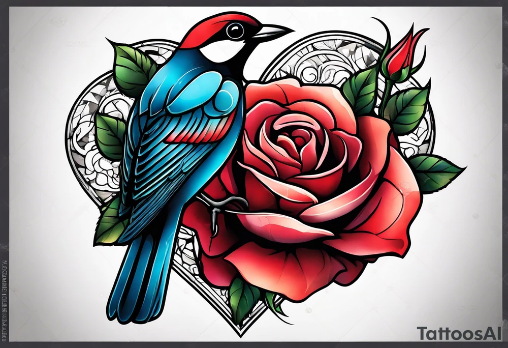 heart, rose, bird tattoo idea