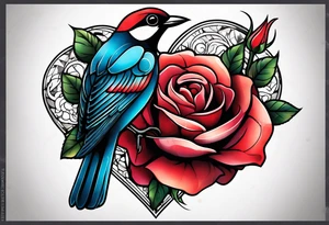 heart, rose, bird tattoo idea