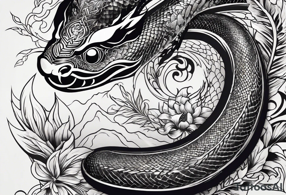 Snake tattoo for placement down the spine with the head positioned at the bottom in japanese style to symbolise a journey of healing with a slight incorporation of yin yang tattoo idea