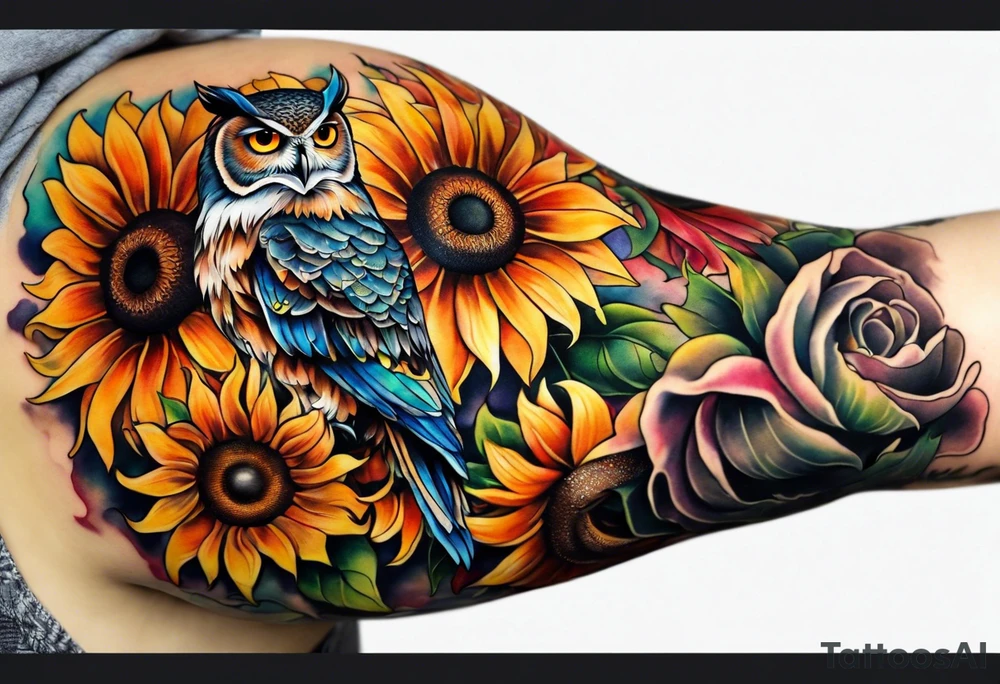Arm sleeve with colorful sunflowers and an owl tattoo idea