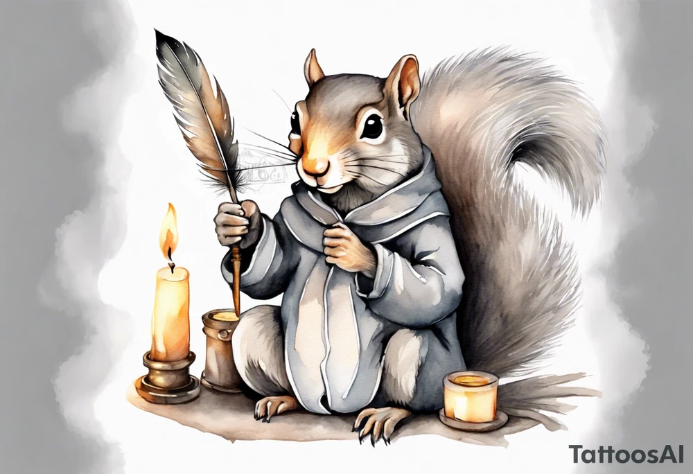 an elderly grey squirrel with a beard dressed in a grey cloak sitting in the dark holding a feather quill writing a letter by candlelight tattoo idea