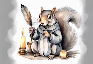 an elderly grey squirrel with a beard dressed in a grey cloak sitting in the dark holding a feather quill writing a letter by candlelight tattoo idea