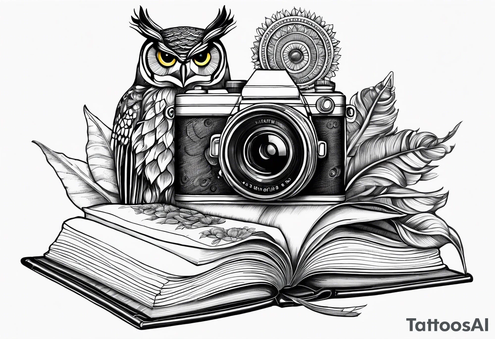 Sunflower, camera, book, peacock, owl tattoo idea