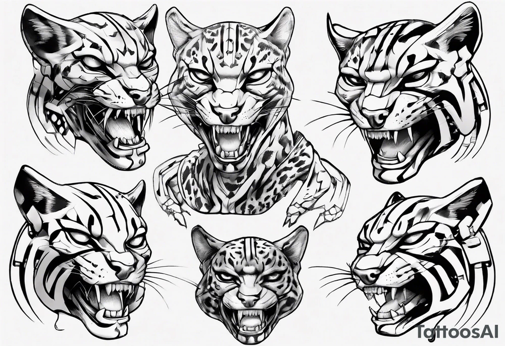 cybernetic ocelot full body teeth showing tattoo idea