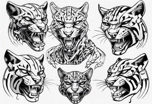 cybernetic ocelot full body teeth showing tattoo idea