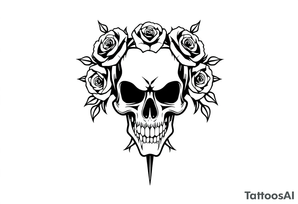 ornate skull adorned with crown of wild roses and thorns tattoo idea