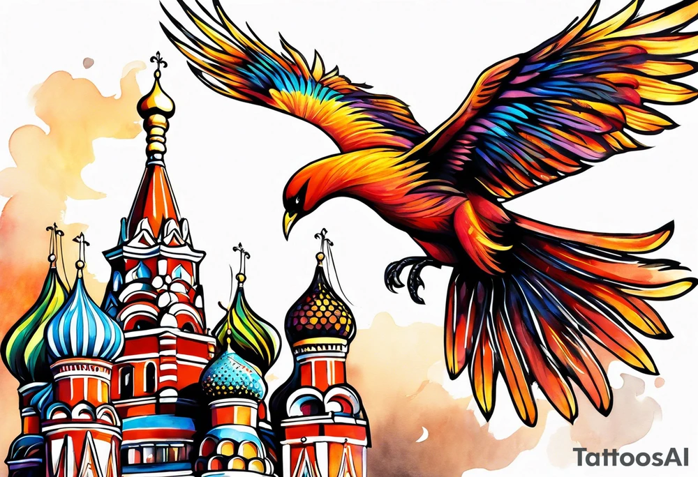 russian firebird in-flight with fancy tail and small onion cap monastery towers in background, incorporate Isaiah 43: 18-19 tattoo idea