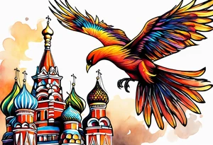russian firebird in-flight with fancy tail and small onion cap monastery towers in background, incorporate Isaiah 43: 18-19 tattoo idea