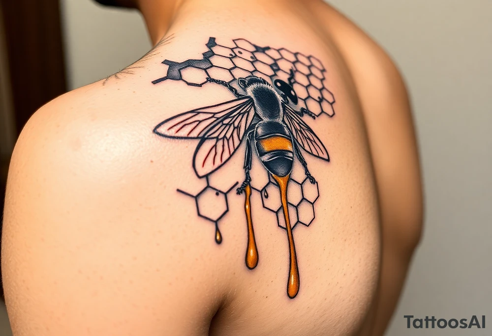 steampunk design of honeycomb with bee and dripping honey on the upper arm and shoulder tattoo idea
