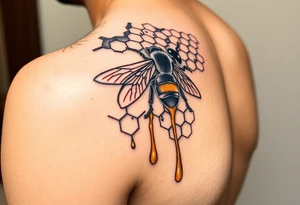 steampunk design of honeycomb with bee and dripping honey on the upper arm and shoulder tattoo idea