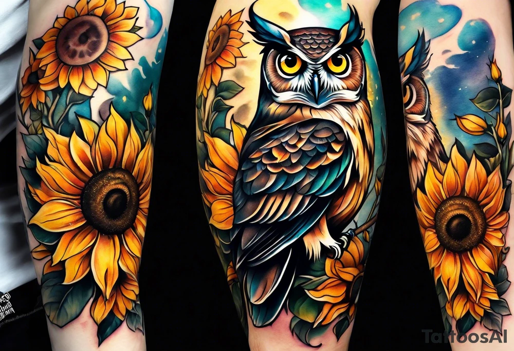 Owl with sunflowers leg sleeve tattoo idea