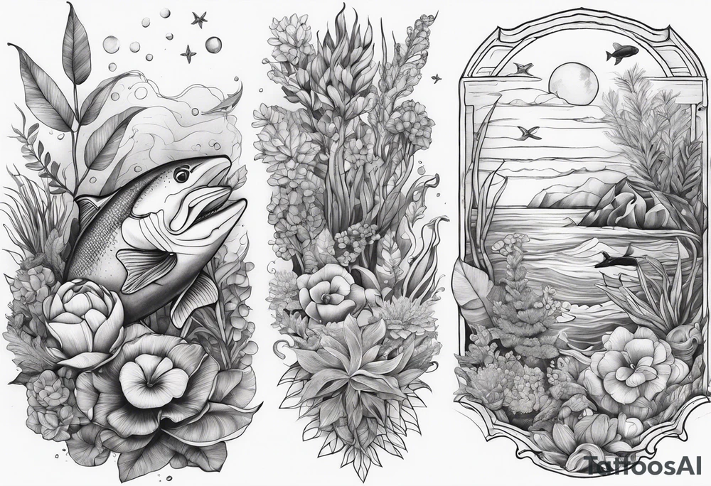 ocean arm tattoo with plants and sea life tattoo idea